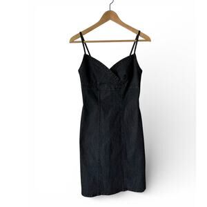 Bisou Bisou Michele Bohbot Black Stretch Denim Mini Dress V-Neck Y2K Size 2